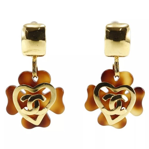 CHANEL COCO Mark Heart Earring Clover vintage Brown Plated Gold/plastic he... - Picture 13 of 15